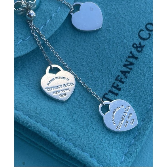 RARE Return Tiffany & Co. Silver 10mm Double Heart Dangle Drop Stud Earrings 925 - Picture 10 of 16